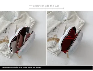 Detail view of heart-shaped glitter bag showing red lining and spacious interior capacity