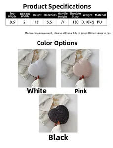 Detailed size chart and multi-color glitter heart bags with dimensions and chain length