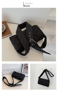 Détails d'un sac bandoulière en nylon noir matelassé avec large sangle et boucle