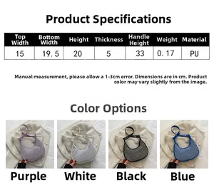 Detailed size chart and multi-color options for the rhinestone shoulder bag in PU leather