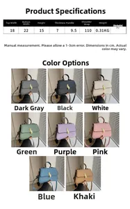 Detailed size chart and multi-color options for the stylish PU crossbody square handbag