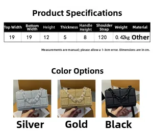 Size chart showing square chain bag dimensions with 120cm strap and 19cm width details
