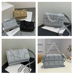 Detail of sequined quilted square bags in gold, silver and black with acrylic chain handle