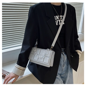 Detail of silver quilted crossbody bag with transparent acrylic chain on black blazer