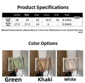 Size chart showing transparent tote bag dimensions and small inner pouch specifications