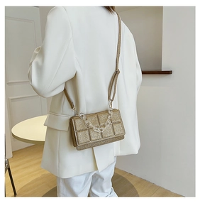 Detail of gold sequin crossbody bag with acrylic chain on white suit background