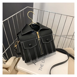 Creative black jacket shaped crossbody bag with hanger handle and white topstitching details