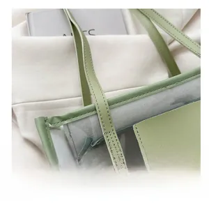 Detail of light green leather and PVC tote bag with durable double stitching craft