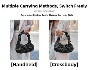 Fashionable black pleated dumpling bag shown in both handheld and over-the-arm styles