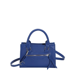 Royal blue faux leather mini tote bag with dual handles and crossbody strap in classic shape
