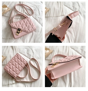 Detailed views of light pink quilted handbag showing front, side, and back from various angles