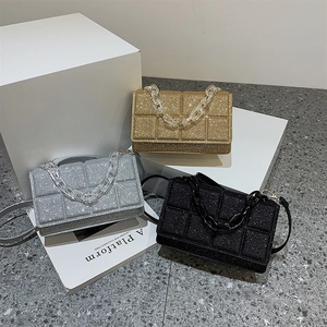 Women Glitter Sequin Quilted Small Square Bag Crossbody Shoulder Bag With Chunky Acrylic Chain Handle Fashion Party Bag