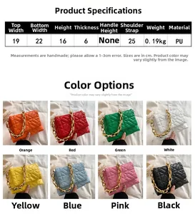 Detailed size chart and multi-color selection for quilted PU leather shoulder bag