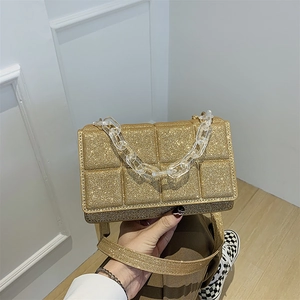 Golden sequin square crossbody bag with quilted pattern and transparent chain strap