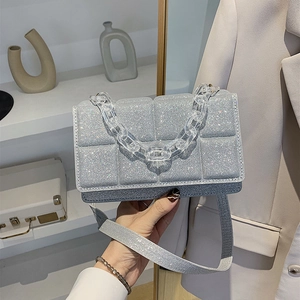 Silver glitter chain shoulder bag with classic quilted texture and acrylic strap