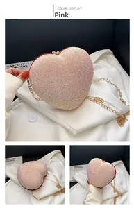 Detailed views of a sparkling pink heart-shaped bag with fine gold chain strap