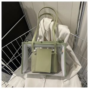 Detail of light green transparent tote bag with matching inner pouch on white blazer