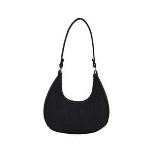 Chic black crescent underarm bag with crocodile embossed texture and zipper closure