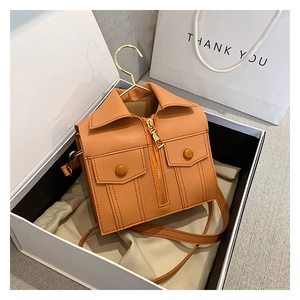 Brown jacket-shaped crossbody bag with creative hanger detail in premium gift box