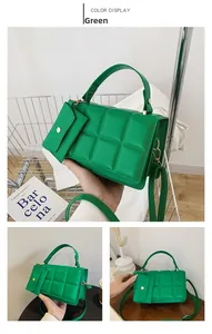 Quilted green PU leather handbag with detachable mini pouch and gold-toned metal chain