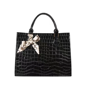 Retro black faux crocodile pattern tote bag with silk scarf and spacious main compartment