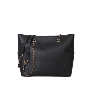 Elegant black lychee leather tote bag with gold chain strap and large capacity