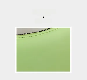 Detail shot of green leather shoulder bag featuring pebble grain texture and fashion logo