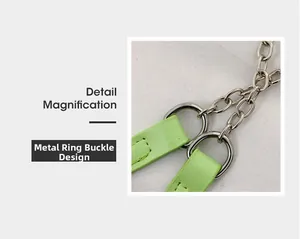Detail view of the silver hardware ring and lime green leather strap with fine stitching