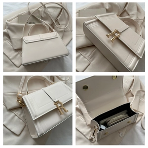 Detailed close-up of beige square handbag with gold R buckle and interior capacity view