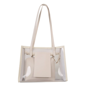 Minimalist transparent PVC jelly tote bag with cream leather trim and inner pouch