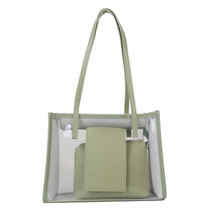 Grand sac cabas transparent en PVC avec pochette verte et poignées en cuir