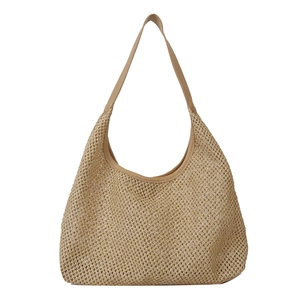 Chic light khaki woven straw tote bag with smooth leather shoulder straps for summer travel