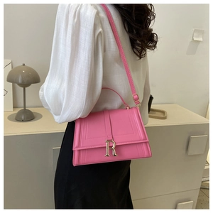 Detail showing pink leather square bag with gold R buckle worn by a model in soft lighting