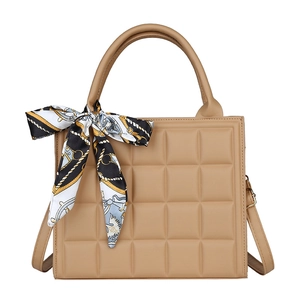 Structured camel checkered crossbody bag with stylish silk scarf and top handle strap