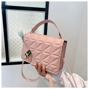 Pink quilted PU leather crossbody bag with triangular pattern and metal chain detail