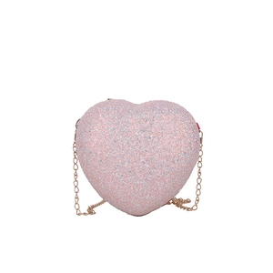 Pink sequin heart-shaped crossbody bag with gold chain strap for women