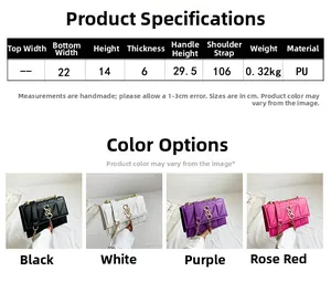 Detailed size chart and multi-color options for the quilted PU leather chain shoulder bag