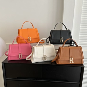 Women PU Leather Small Square Handbag With Gold R Buckle Adjustable Shoulder Strap Casual Fashion Crossbody Bag