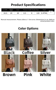 Detailed size chart and multi-color options for the women's PU leather crossbody bag