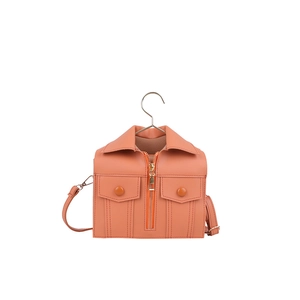 Unique jacket-shaped handbag in reddish pink with metallic zipper and shoulder strap