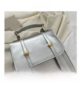 Detail of silver metallic backpack with gold round buttons and a top handle close-up view