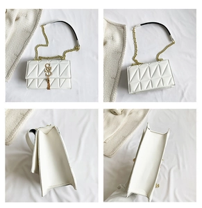 Detailed views of a white quilted crossbody bag with gold hardware and tassel accents