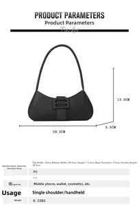 Detailed size specifications and material chart for black PU leather baguette shoulder bag