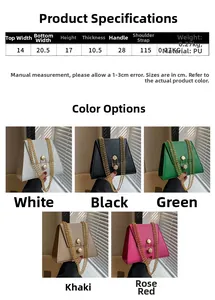 Detailed size chart and dimensions of the PU leather trapezoid handbag with chain strap