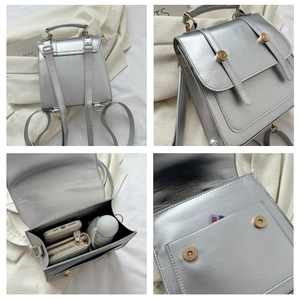 Detailed views of metallic silver backpack showing interior capacity and magnetic closure