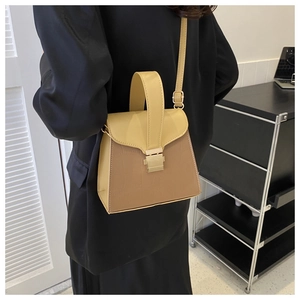 Détail d'un sac à main bicolore embossé crocodile avec boucle dorée et bandoulière