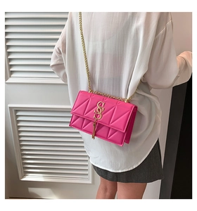 Detail of rose pink quilted leather crossbody bag with gold chain and S-shaped buckle