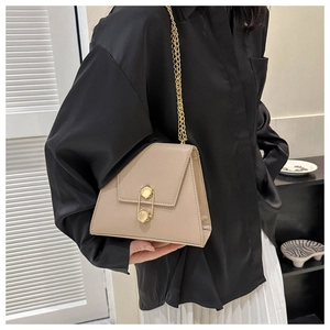 Detail of khaki trapezoid bag showing gold hexagonal lock and delicate chain strap