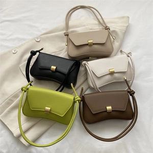 Women Baguette Shoulder Bag Minimalist Vintage PU Leather Underarm Bag With Curved Bottom Gold Metal Buckle Knot Strap