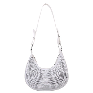 Close-up of white leather hobo bag with sparkling silver rhinestones and metal buckle